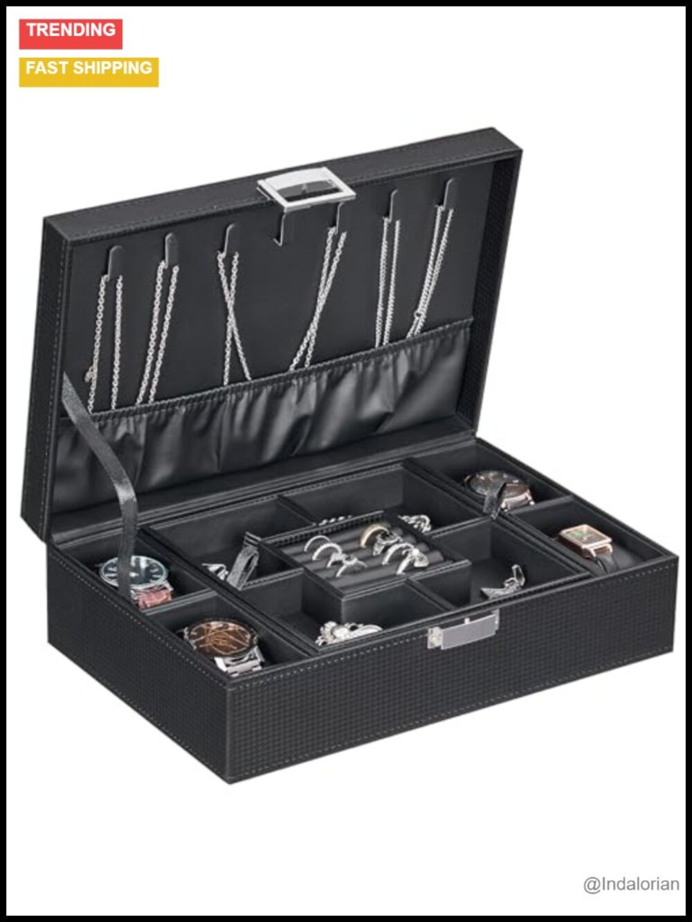 Carbon Fiber Watch & Jewelry Box Organizer 4 Watches Velvet Lining